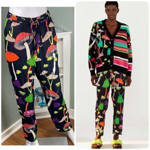 FARM Rio Multicolor Mushroom Print Joggers Pants Satin Small Drawstring